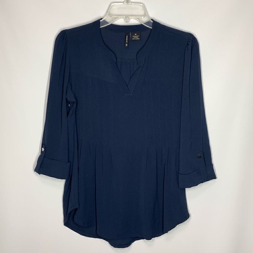 New Directions Women's Rolled Up Sleeve Split Neck Blouse Navy Blue Size Medium